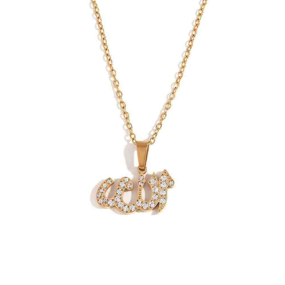 studio shot of Allah Calligraphy Necklace. Danity chain with Allah name pendant studded with Micro Pave CZ Crystals.