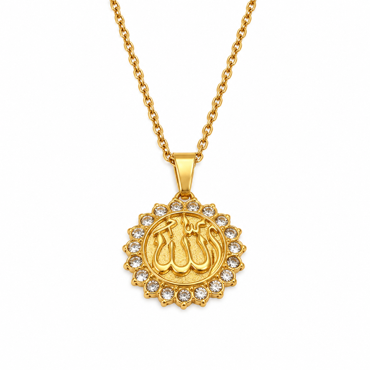 Allah Medallion Locket A gold pendant necklace featuring the Arabic calligraphy name of 'Allah' in the center, surrounded by a halo of small clear stones, suspended from a gold chain on a white background.