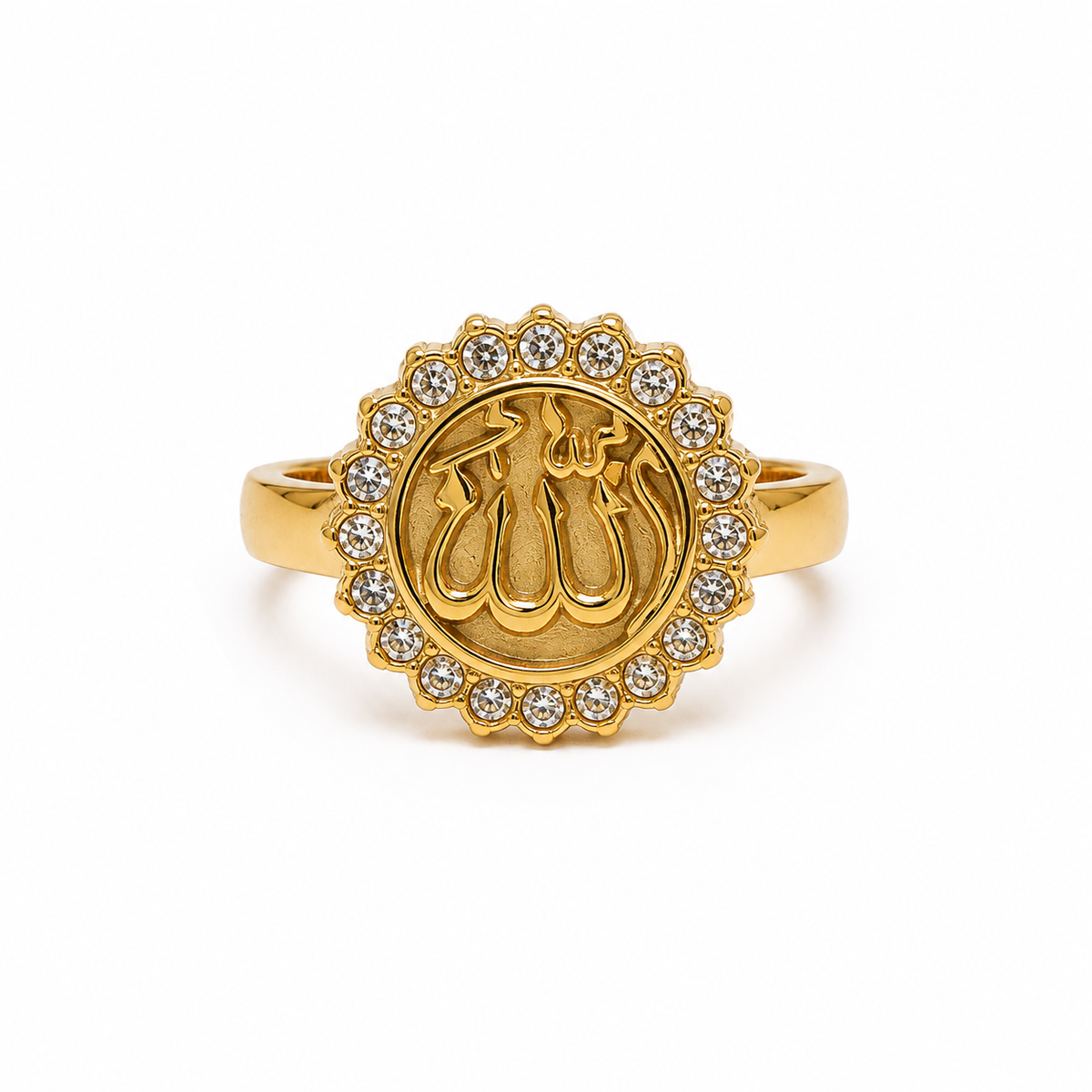 Allah medallion ring gold ring featuring an oval face with the Arabic calligraphy of 'Allah' in relief, surrounded by a border of small clear gemstones, set against a plain white background.