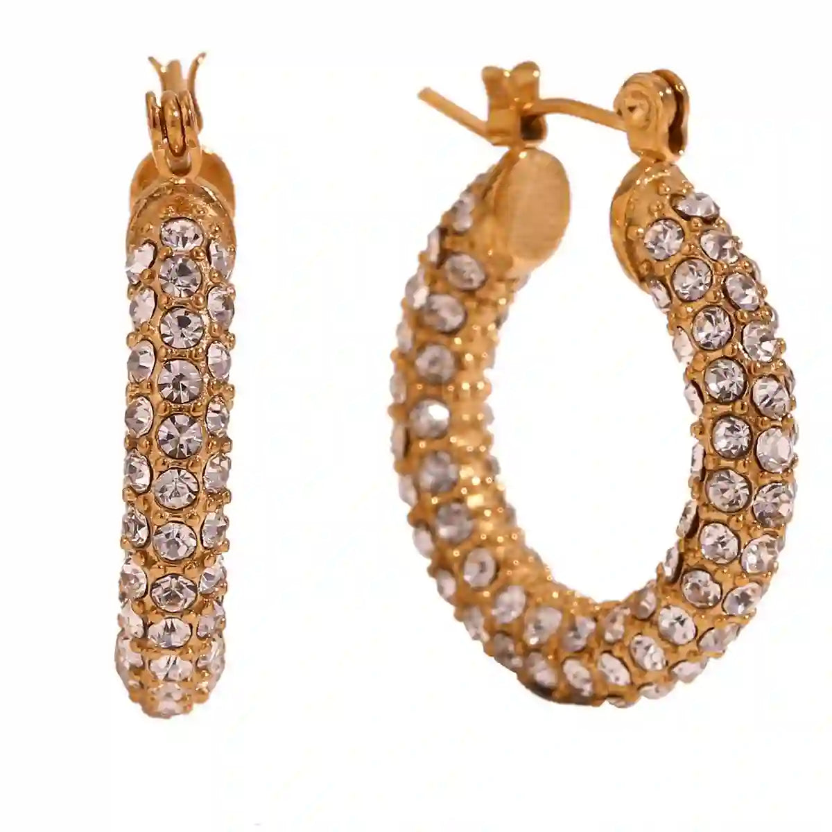 Studio shot of waterproof 18k Gold plated Arlo Medium hoops with pave 3 row set zircons. Shop at Mithra and Co.
