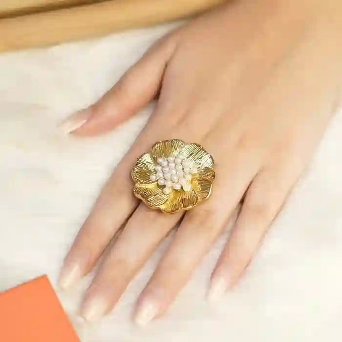Girl wearing Gold Flower Ring with Petals - Blume. Shop Online at Mithra and Co.