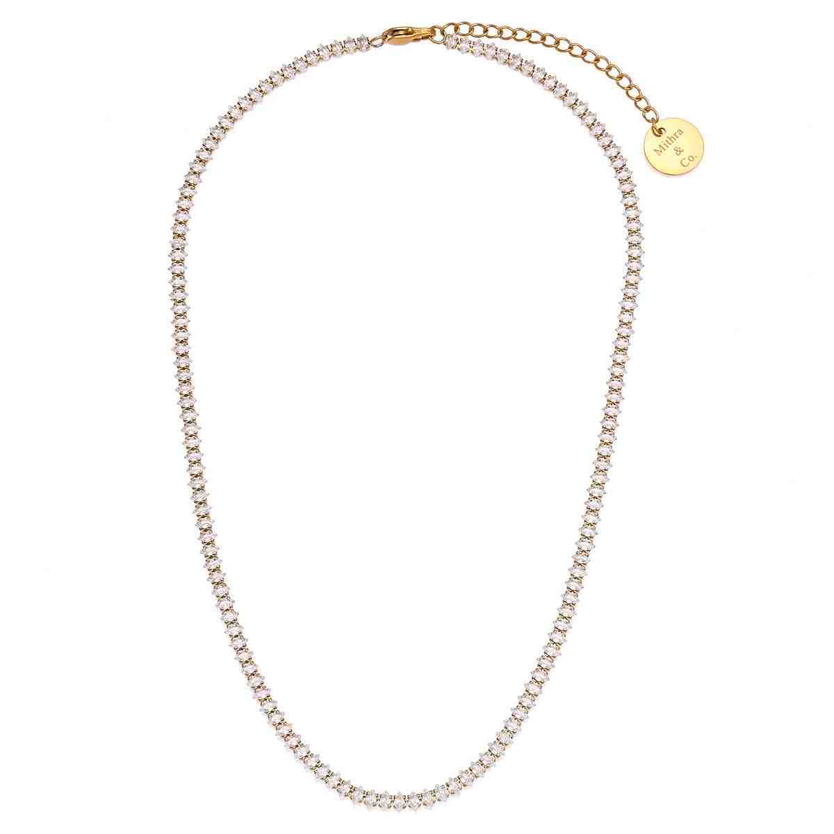 Studio Shot of 18k Gold Plated delicate 8A Zircon Faceted Choker Style Diamond Cut neckchain with Mithra & Co Engraved gold clasp and extender.