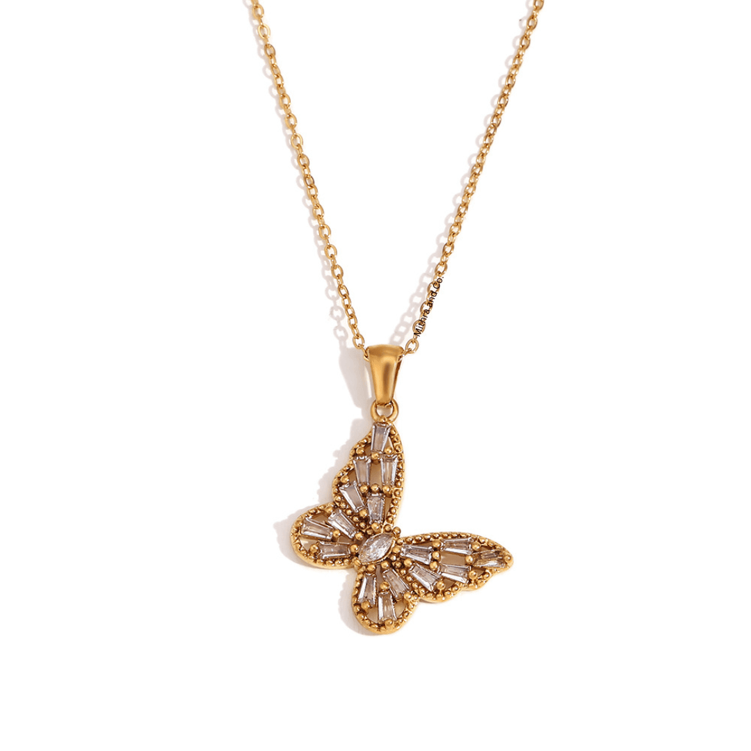 Studio shot of 18k Gold plated Enchanted Flutter Necklace having a butterfly design and Segmented Baguette Station Zircons.
