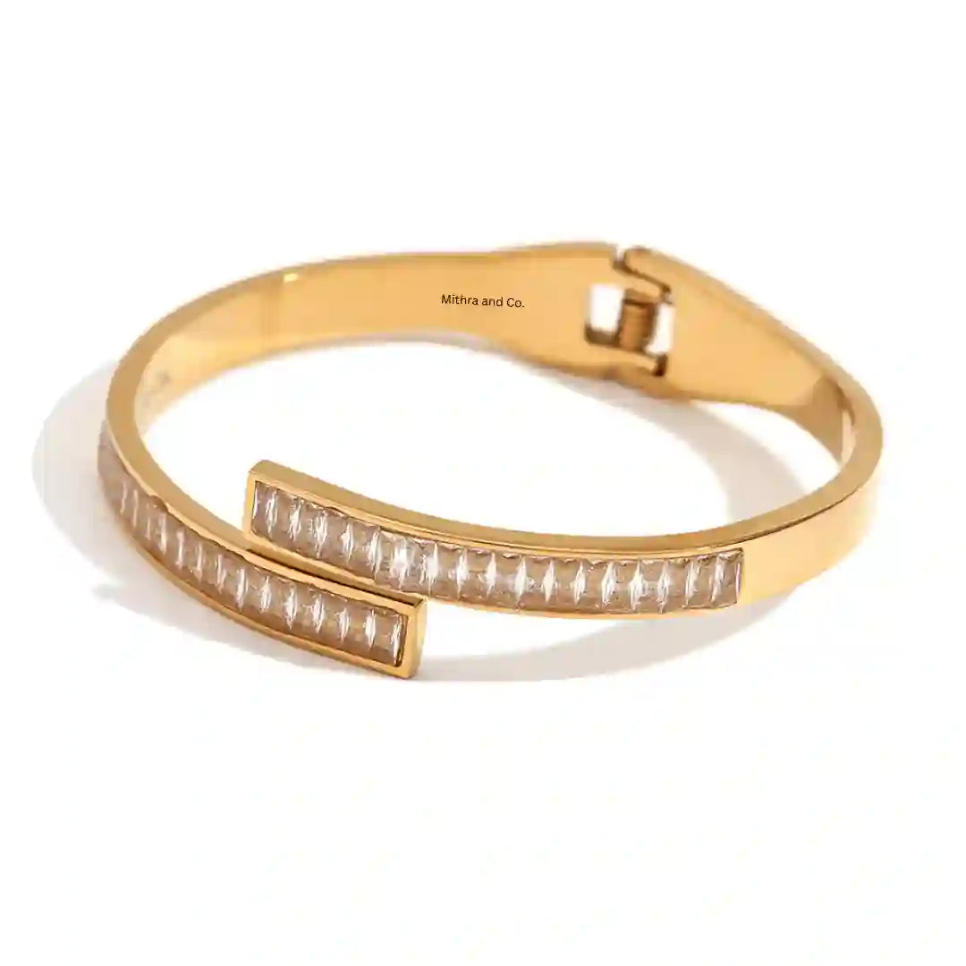 Studio Shot of Adjustable 18k Gold Plated Open cut Bypass Channel-Set Zircon Cuff Bracelet - Gaia. Shop at Mithra and Co.