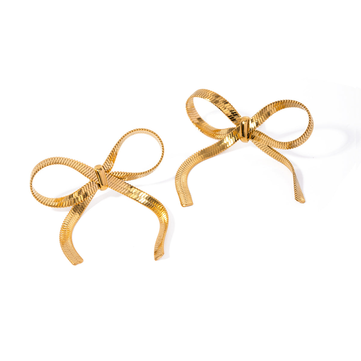 Studio Shot of Buy Gold Knot Studs having Textured Herringbone Ribbon Bow design. Shop at Mithra and Co.