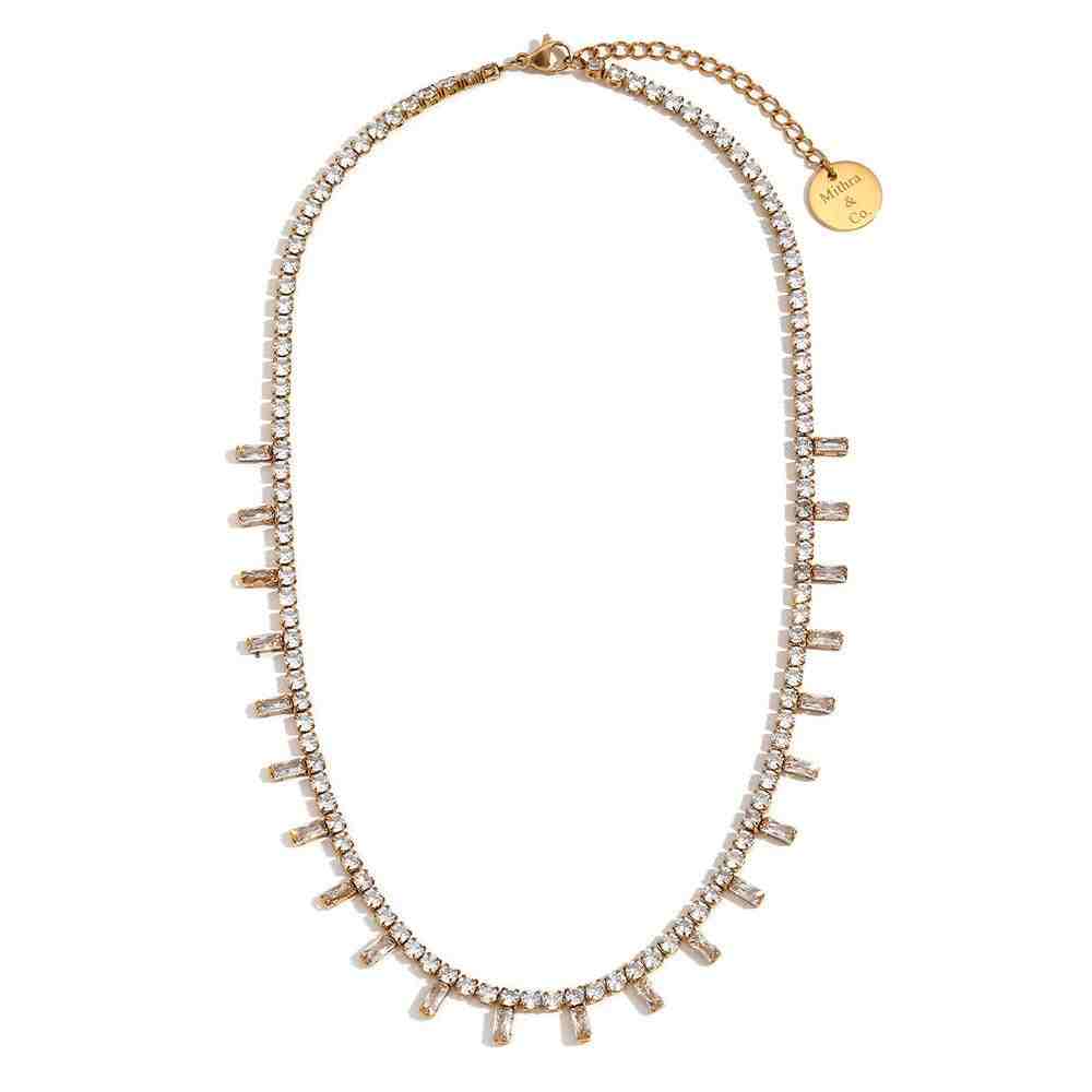 Studio shot of Gold Plated Dual-Cuts 8A Zircon Tennis Track Necklace Heritage Halo. Shop at Mithra and Co.