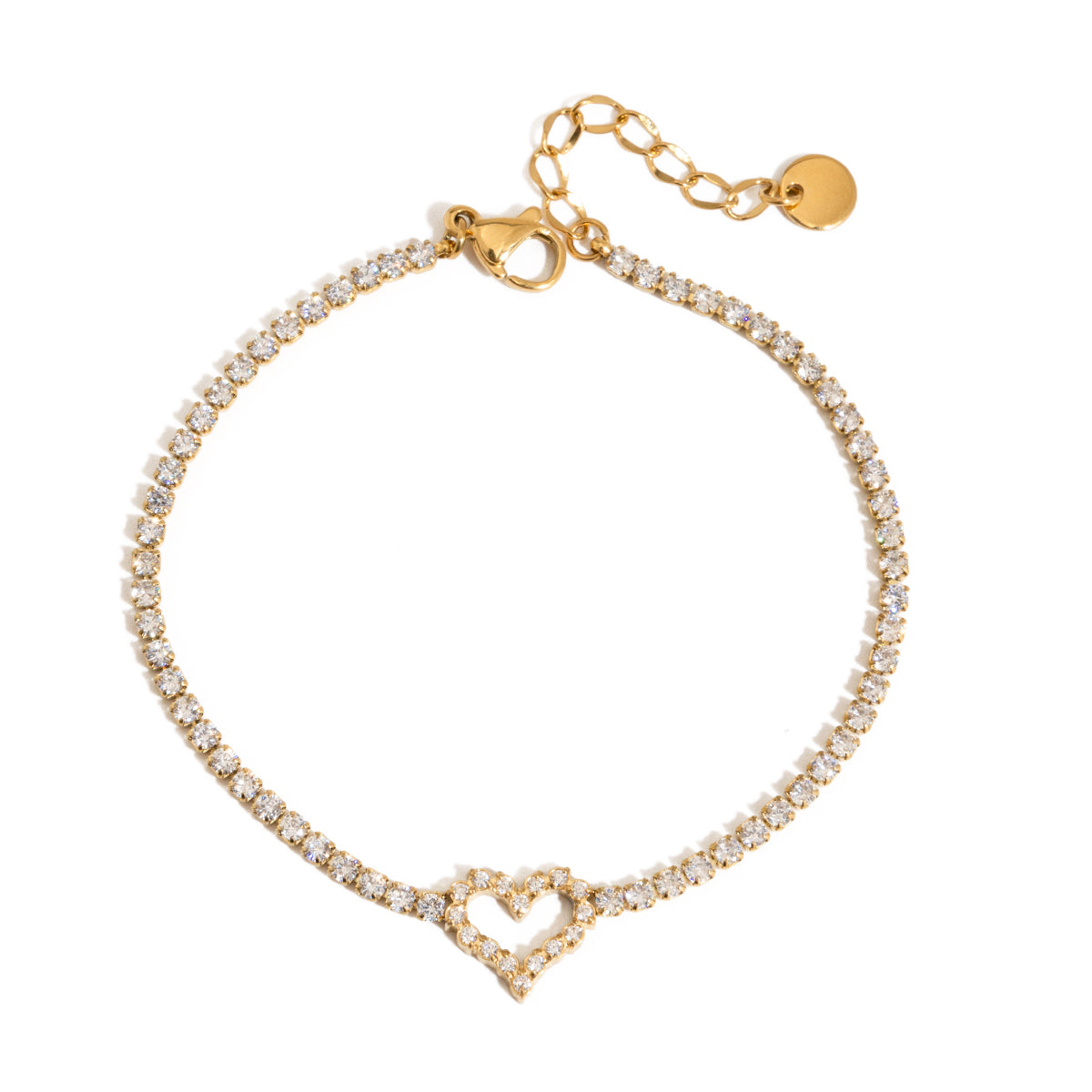 Hart Arc - A Gold bracelet with heart charm and clear CZ stones with a white background