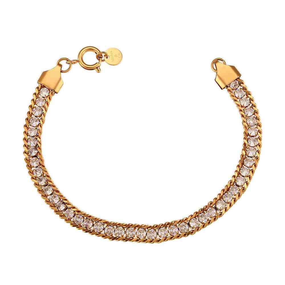 Studio shot of Luster Bracelet. Dual-Twisted Tennis style Gold Chain design with ZIrcon Strip.