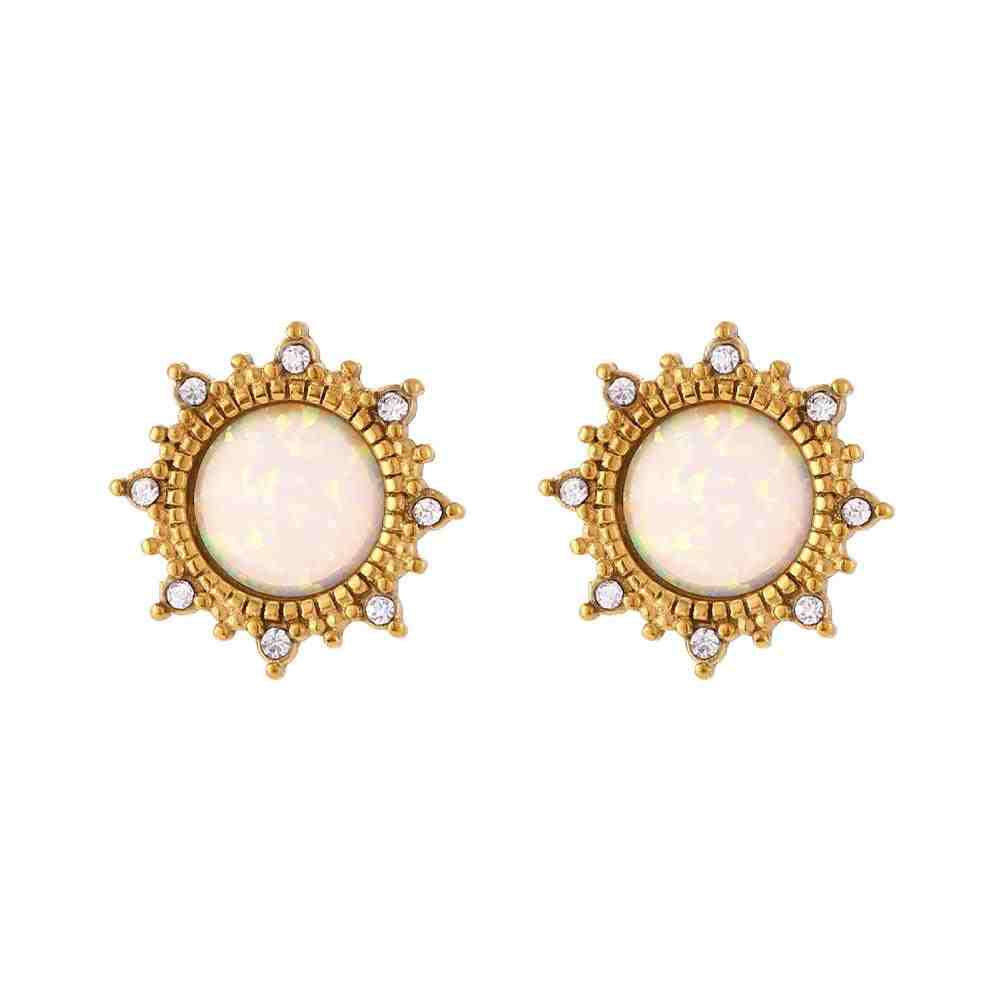 Studio shot of Opal Stud Earrings Featuring a sun-inspired halo over an opal centerpiece.