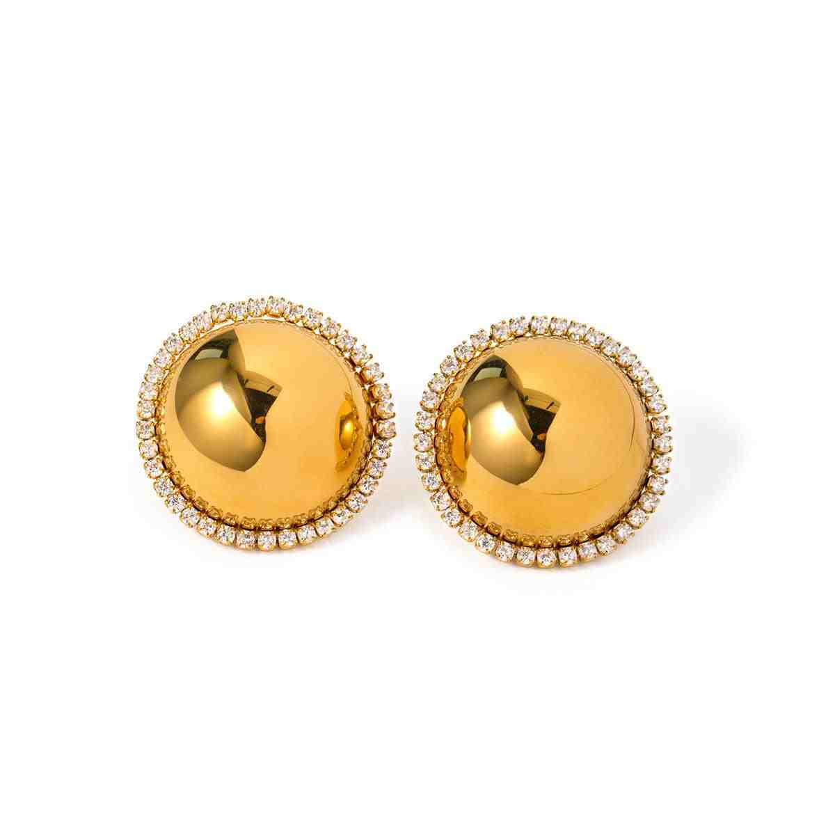18k Gold Plated Circular Earrings - Pizzaz. Pavé-Bordered Hemispherical Stud Design. Shop at Mithra and Co.