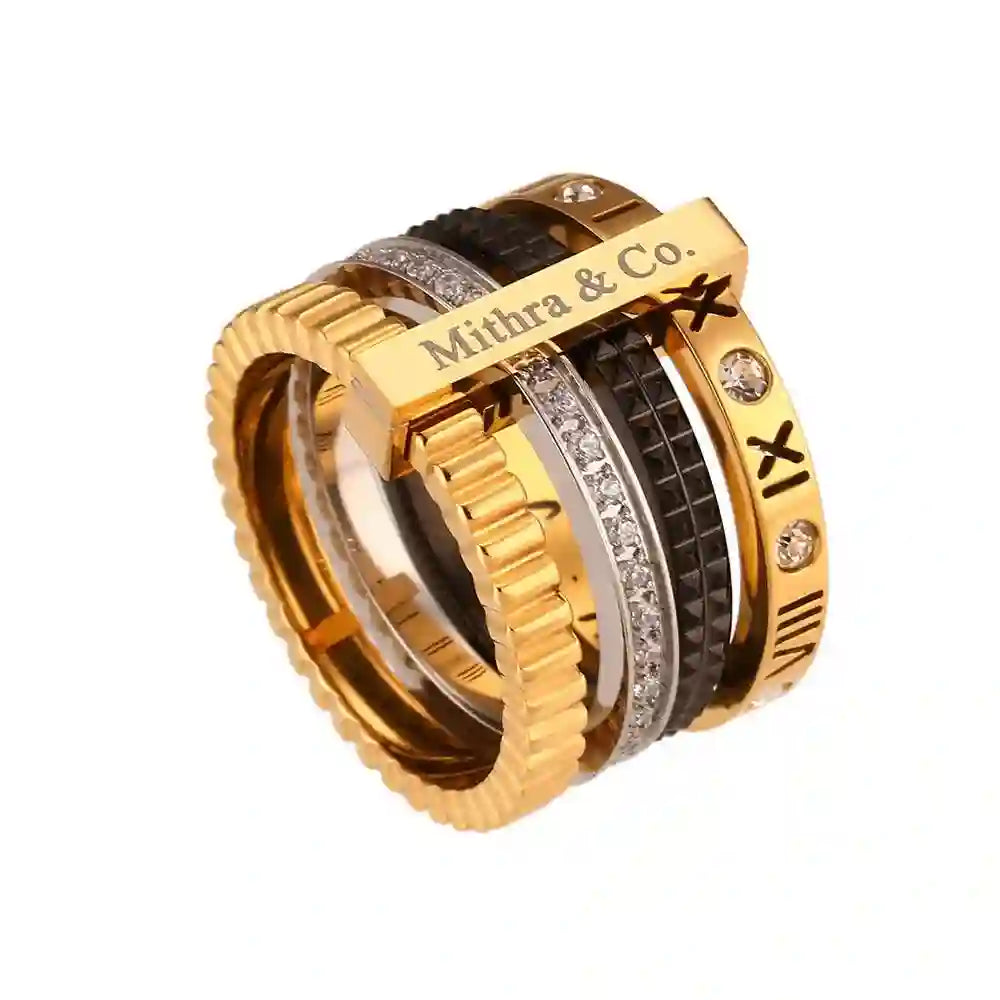 Stackable Rings - Quadralogy - Shop 18k Gold Plated Quad-Band Interlocking Mixed-Metal Stack ring at Mithra and Co.