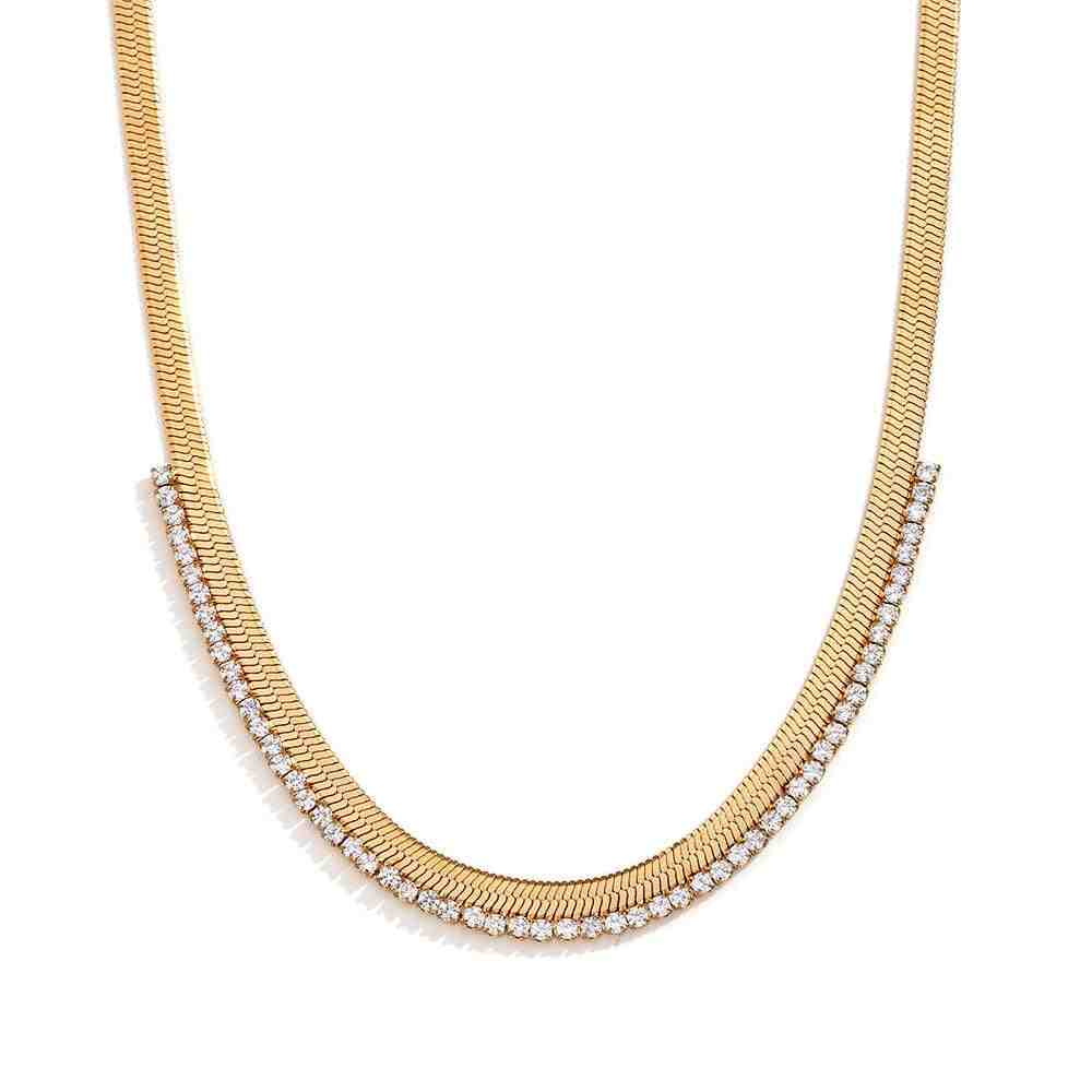 Studio shot of Serenade Gold neck chain. Asymmetric Zircon-Edged Herringbone chain.