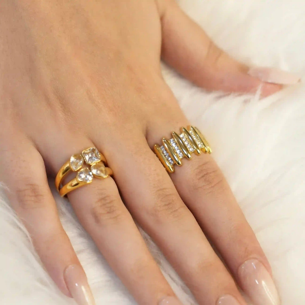 GIrl Wearing Gold plated 4 stone mixed cut ring - Buy at Mithra and Co.