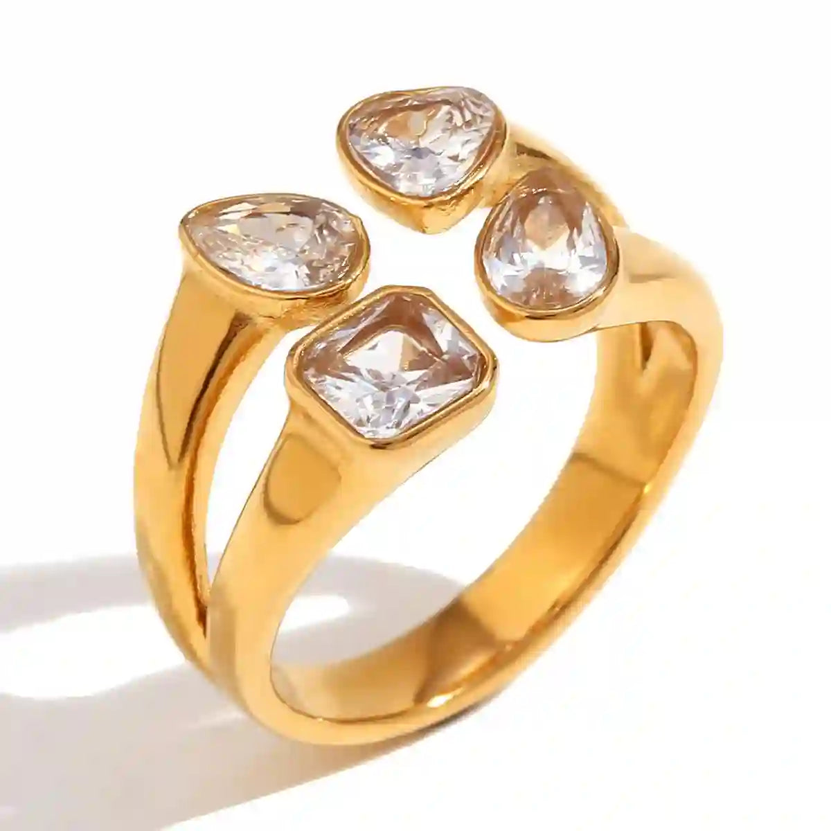Studio shot of 18 Gold Plated 4 Stone Mixed Cut Tetra Ring. Buy Online at Mithra and Co.