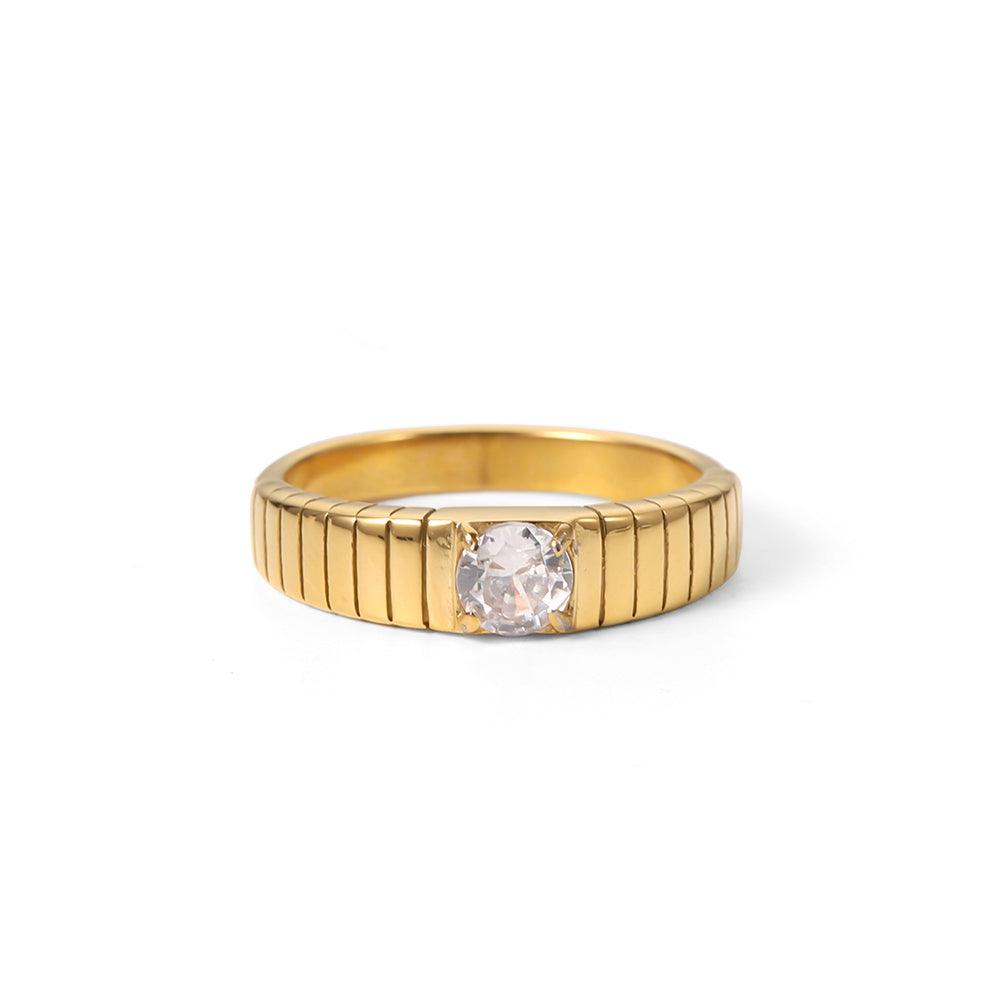 Studio Shot of Industrial style groove etched Bowie Ring. Waterproof 18k Gold plated Spherical zircon Ring. Buy Online at Mithra and Co.