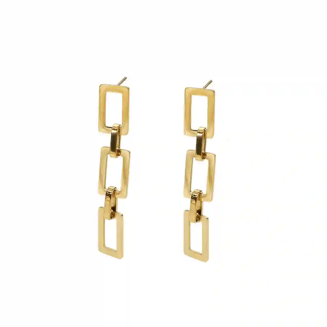 Studio shot of Waterproof 18k Gold plated Brooklyn Earrings | Rectangular Link Architectural Drop Design studs. 