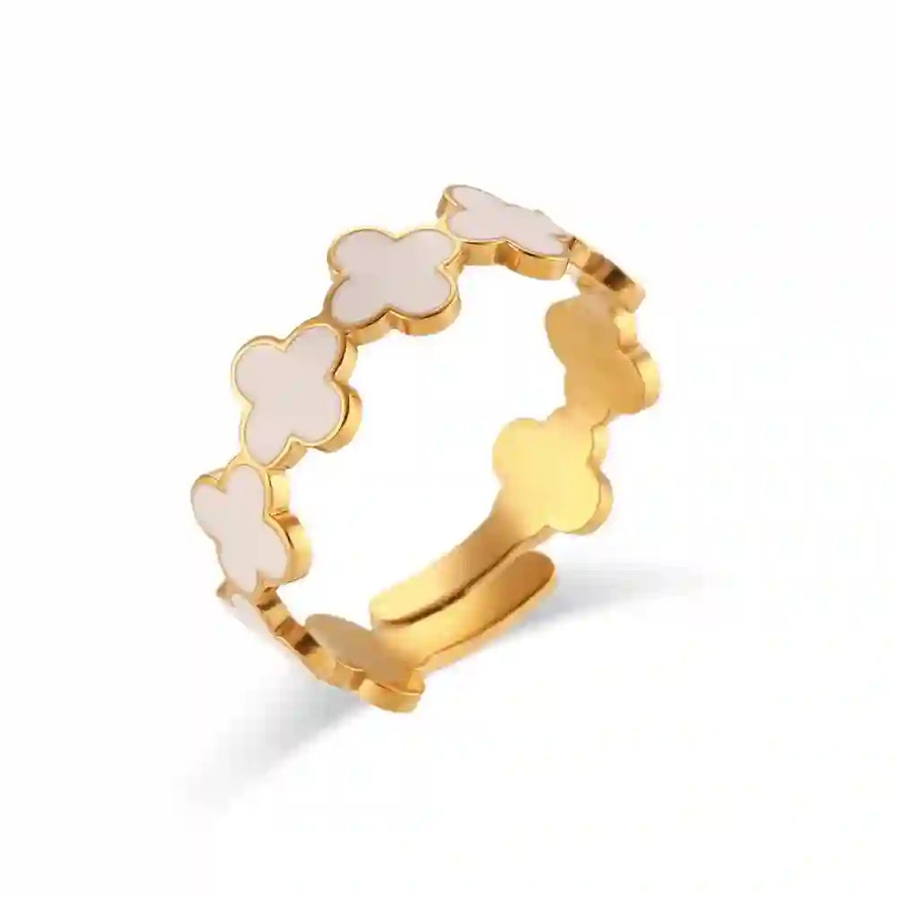 Studio shot of Adjustable 18k gold plated clover white band ring with glossy white rnamel blossom design.