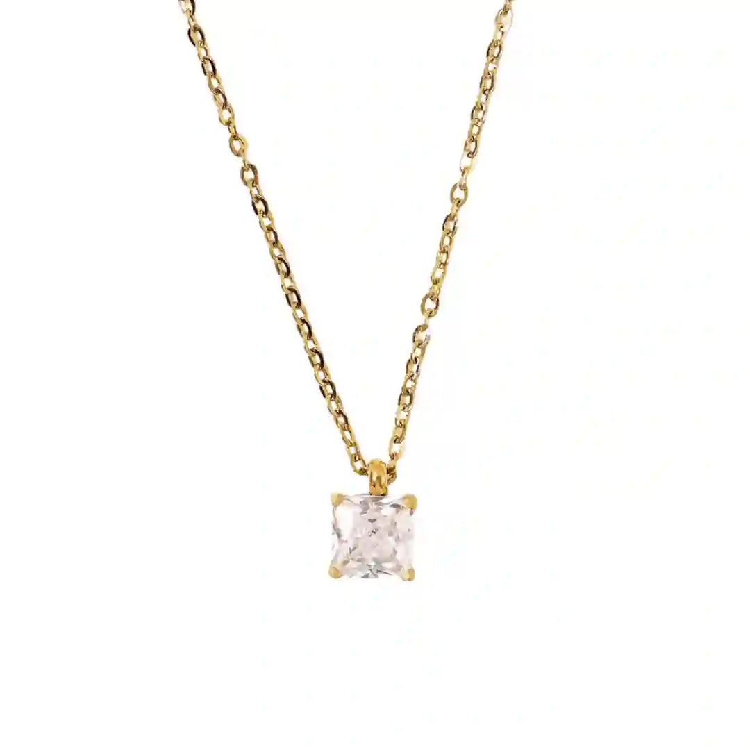 Studio Shot of 18k Gold Plated crushed ice square necklace with a square clear crystal pendant on a chain