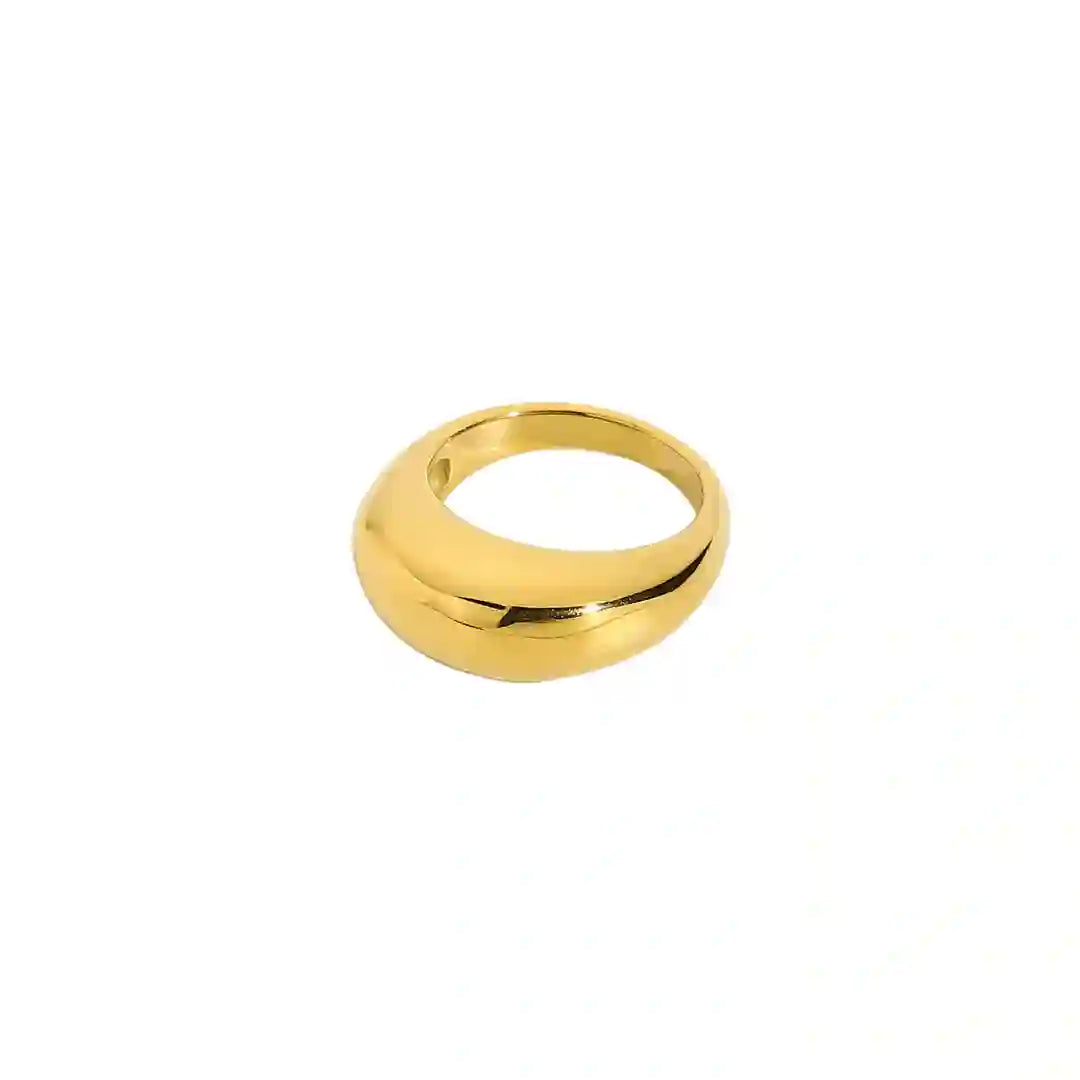 Studio product shot of the 18K gold plated Domsley wedding band. A chunky dome ring on a white bg, showcasing its high-polish liquid gold finish and organic minimalist wedding band design.