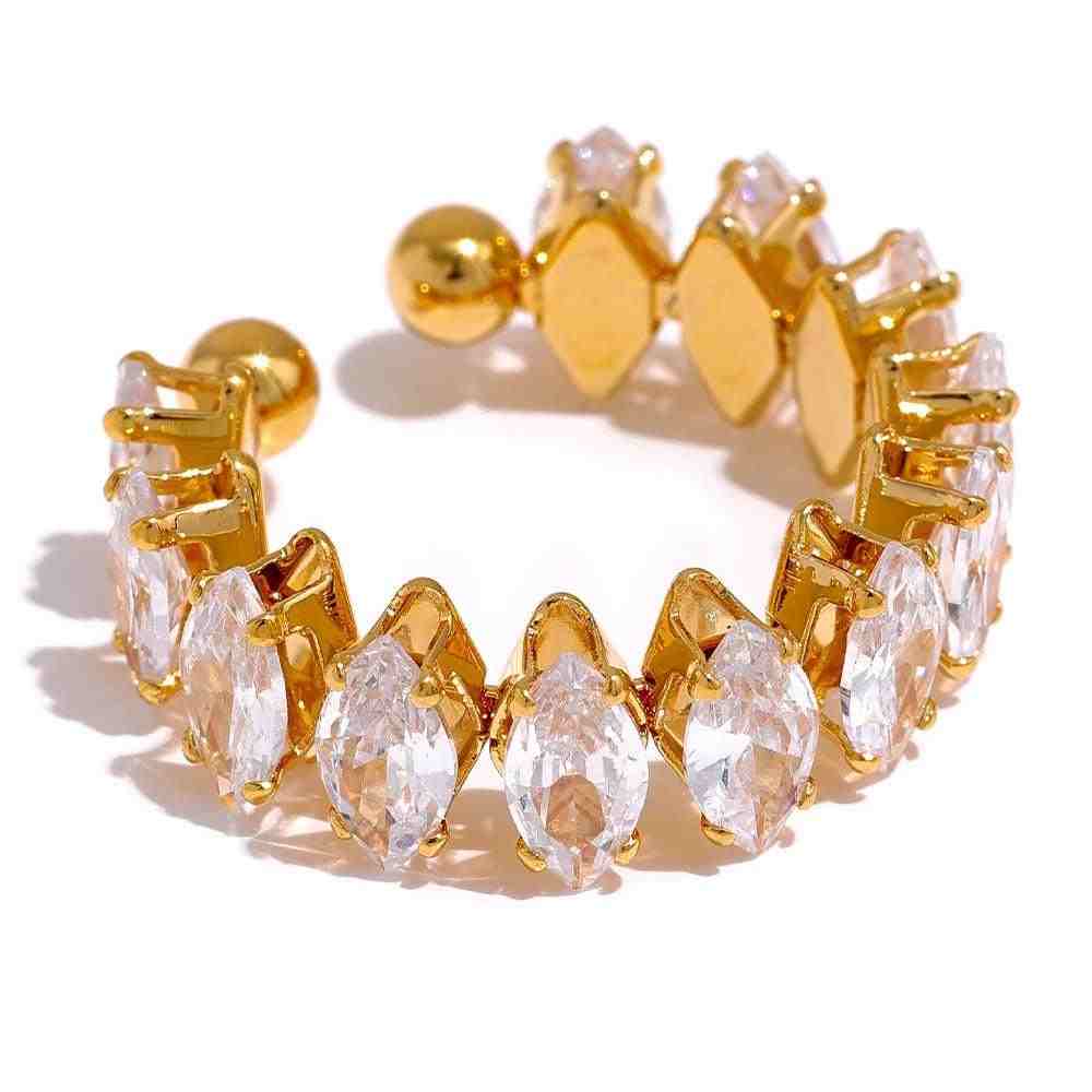 Studio shot of 18k Gold plated Fifi Ring adjustable open cut design with marquise set zircones. Shop Online - Mithra and Co.