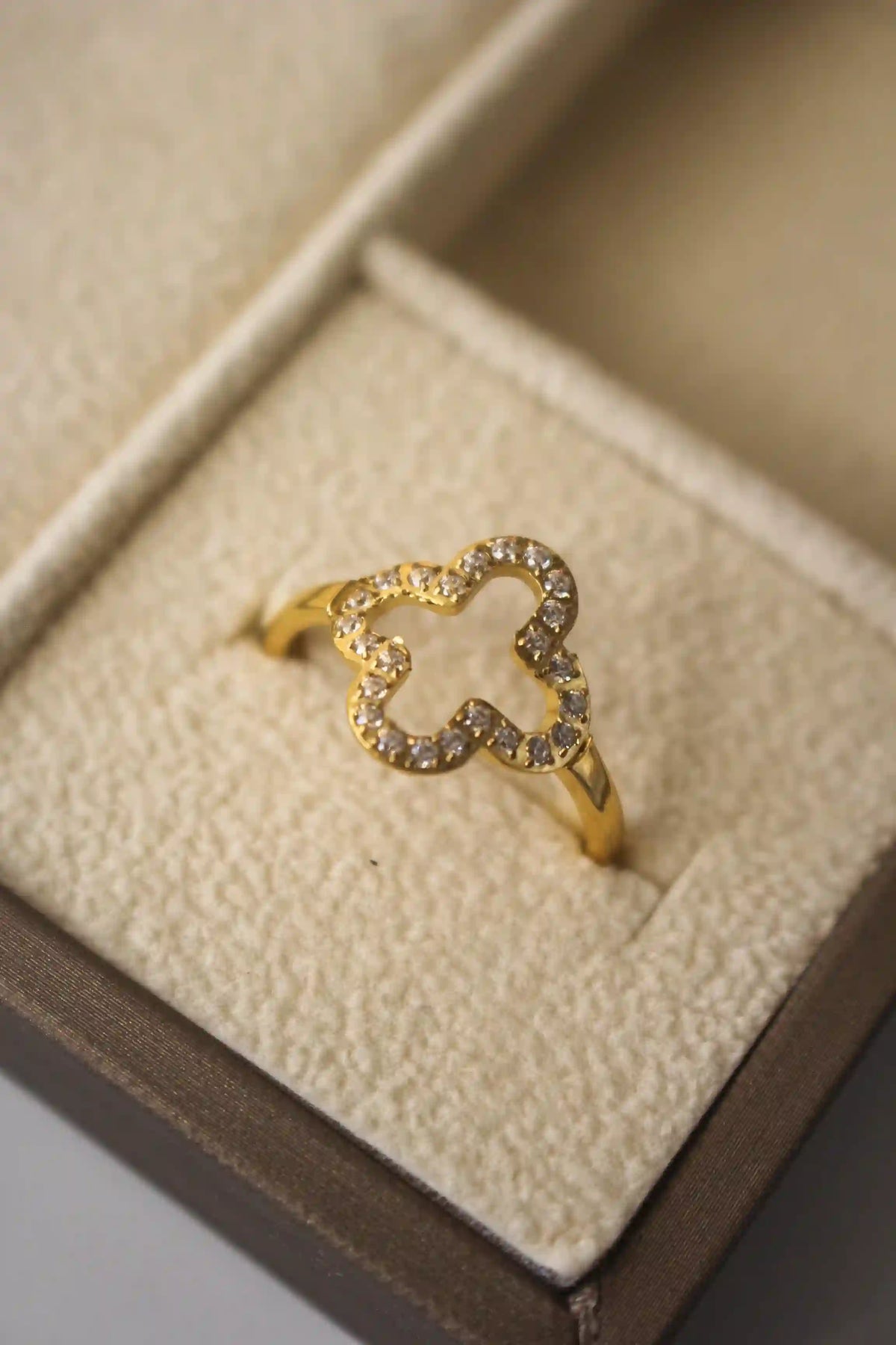 Closeup of Hollow Clover Studded ring in a box. Featuring a hollow 4 leaf Clover Motif bordered by embedded zircons.