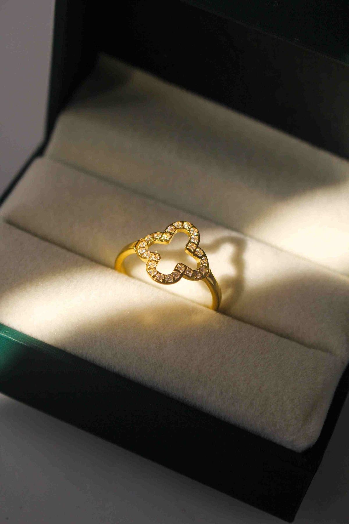 Closeup Light Beam on the open work 4 leaf floral motif of Hollow Clover Studded ring in a box.