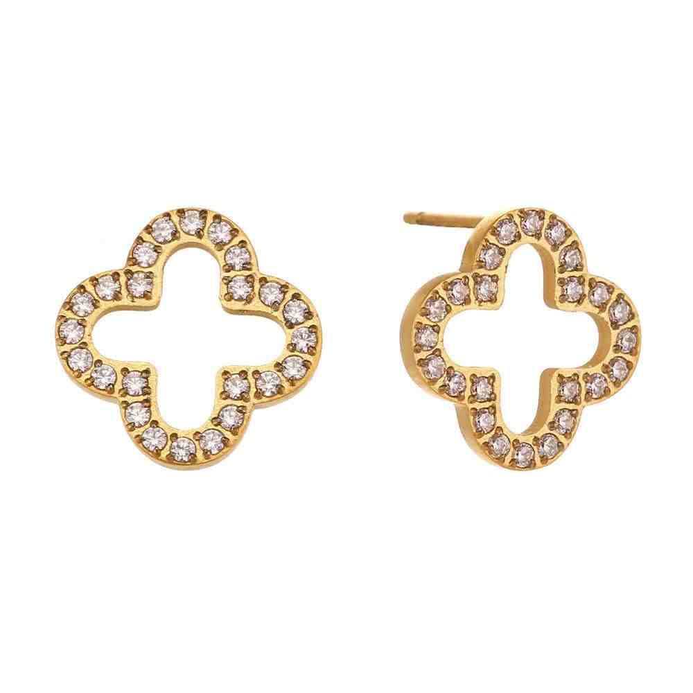 Studio shot of Gold Plated Hollow Clvoer Studded Stud earrings with Open-Work Zircon Studded clover design on a white background.