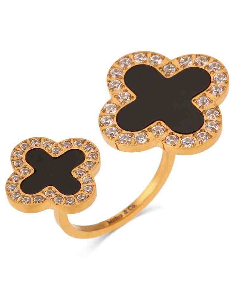 Studio shot of 18kGP Midnight clover ring with black clover Asymmetrical Double-Motif Open Band Design and Pave Zircon Border.