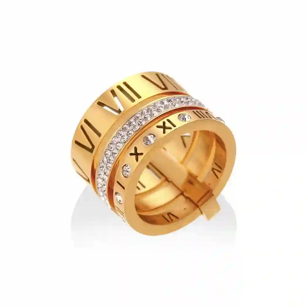 Trilogy Stacked Ring- 18k Gold plated triple layer ring with Roman numerals design on a white background